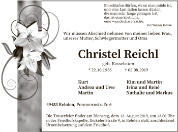 Traueranzeige von Christel Reichl von SYK