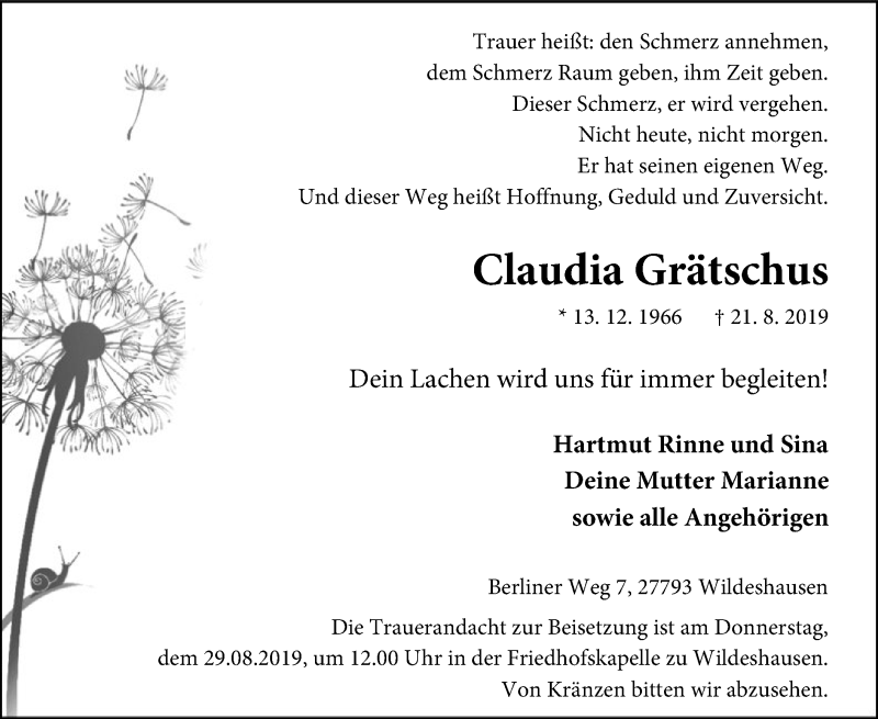  Traueranzeige für Claudia Grätschus vom 24.08.2019 aus SYK