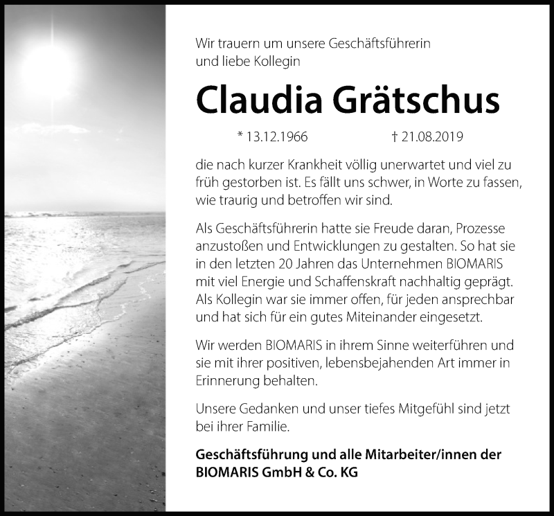  Traueranzeige für Claudia Grätschus vom 29.08.2019 aus SYK