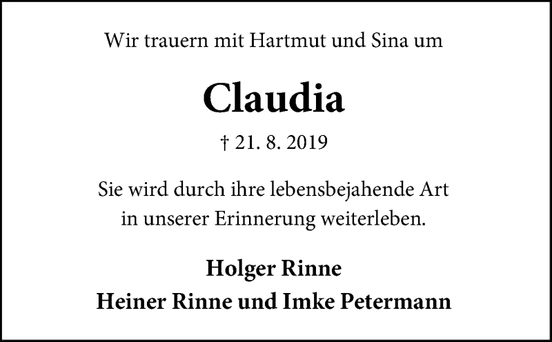  Traueranzeige für Claudia Grätschus vom 24.08.2019 aus SYK