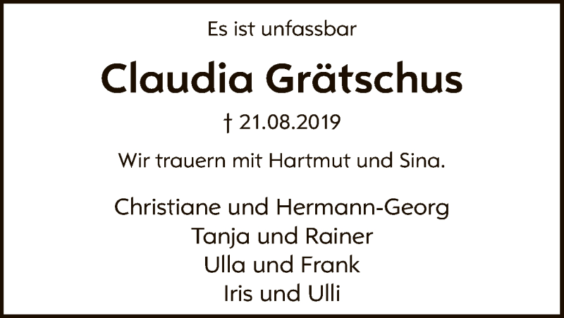  Traueranzeige für Claudia Grätschus vom 27.08.2019 aus SYK