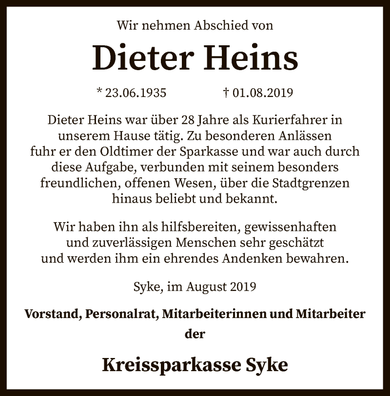  Traueranzeige für Dieter Heins vom 06.08.2019 aus SYK