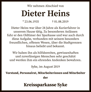 Traueranzeige von Dieter Heins von SYK