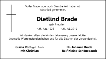 Traueranzeige von Dietlind Brade von SYK