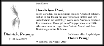 Traueranzeige von Dietrich Prange von SYK