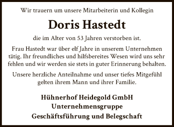 Traueranzeige von Doris Hastedt von SYK