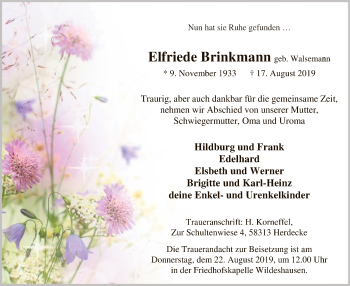 Traueranzeige von Elfriede Brinkmann von SYK