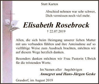 Traueranzeige von Elisabeth Rosebrock von SYK