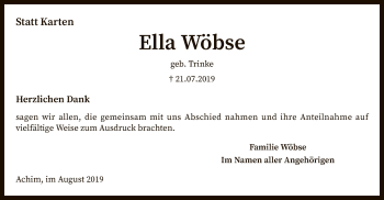 Traueranzeige von Ella Wöbse von SYK