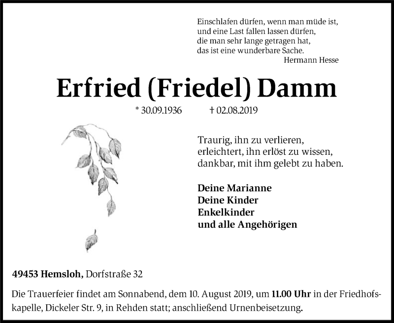  Traueranzeige für Erfried Damm vom 07.08.2019 aus SYK