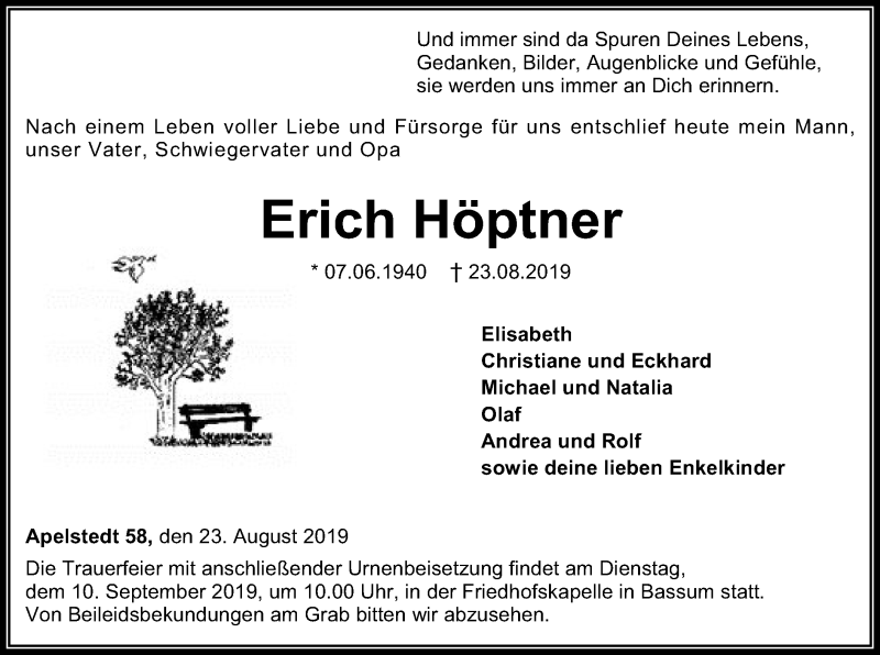  Traueranzeige für Erich Höptner vom 28.08.2019 aus SYK