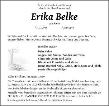 Traueranzeige von Erika Belke von SYK