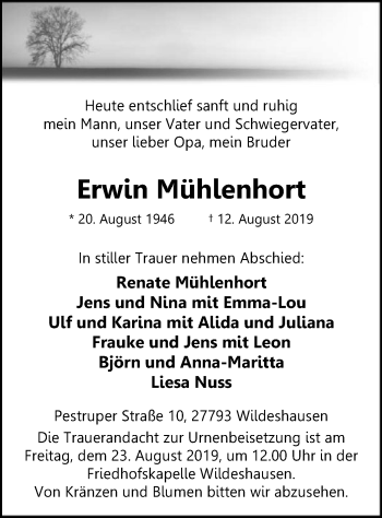 Traueranzeige von Erwin Mühlenhort von SYK