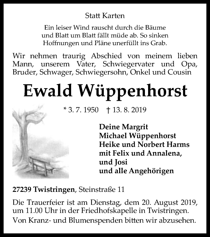  Traueranzeige für Ewald Wüppenhorst vom 16.08.2019 aus SYK