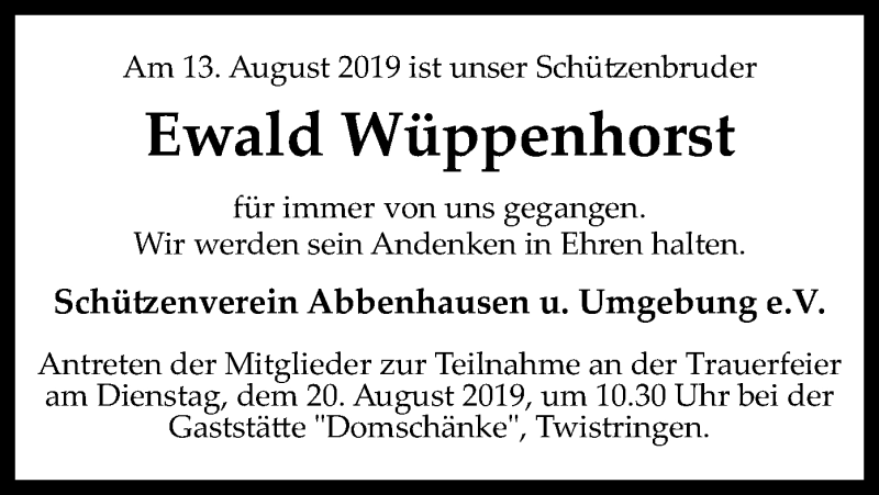  Traueranzeige für Ewald Wüppenhorst vom 16.08.2019 aus SYK