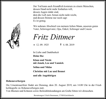 Traueranzeige von Fritz Dittmer von SYK