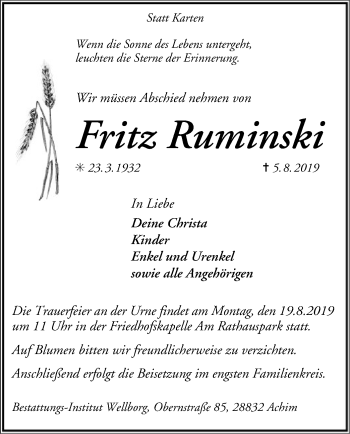 Traueranzeige von Fritz Ruminski von SYK