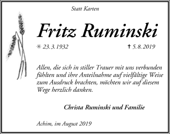 Traueranzeige von Fritz Ruminski von SYK