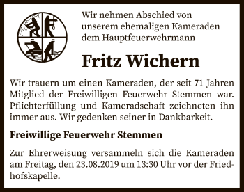 Traueranzeige von Fritz Wichern von SYK