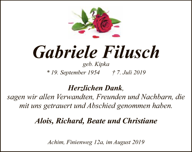  Traueranzeige für Gabriele Filusch vom 24.08.2019 aus SYK