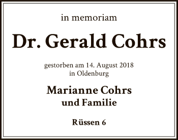 Traueranzeige von Gerald Cohrs von SYK