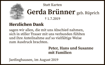 Traueranzeige von Gerda Brünner von SYK