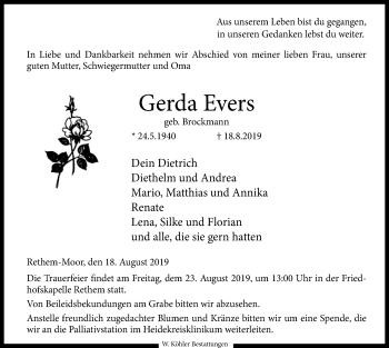 Traueranzeige von Gerda Evers von SYK