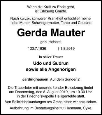 Traueranzeige von Gerda Mauter von SYK