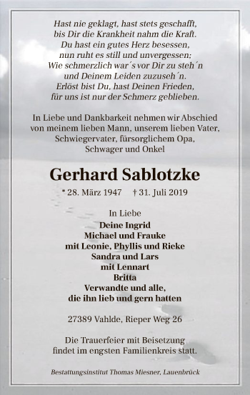 Traueranzeige von Gerhard Sablotzke von SYK