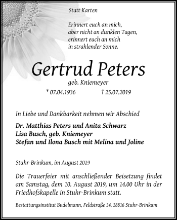 Traueranzeige von Gertrud Peters von SYK