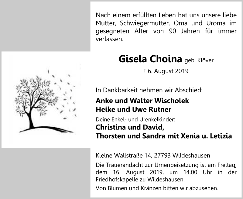  Traueranzeige für Gisela Choina vom 10.08.2019 aus SYK