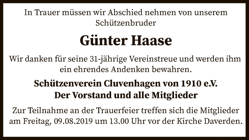  Traueranzeige für Günter Haase vom 03.08.2019 aus SYK