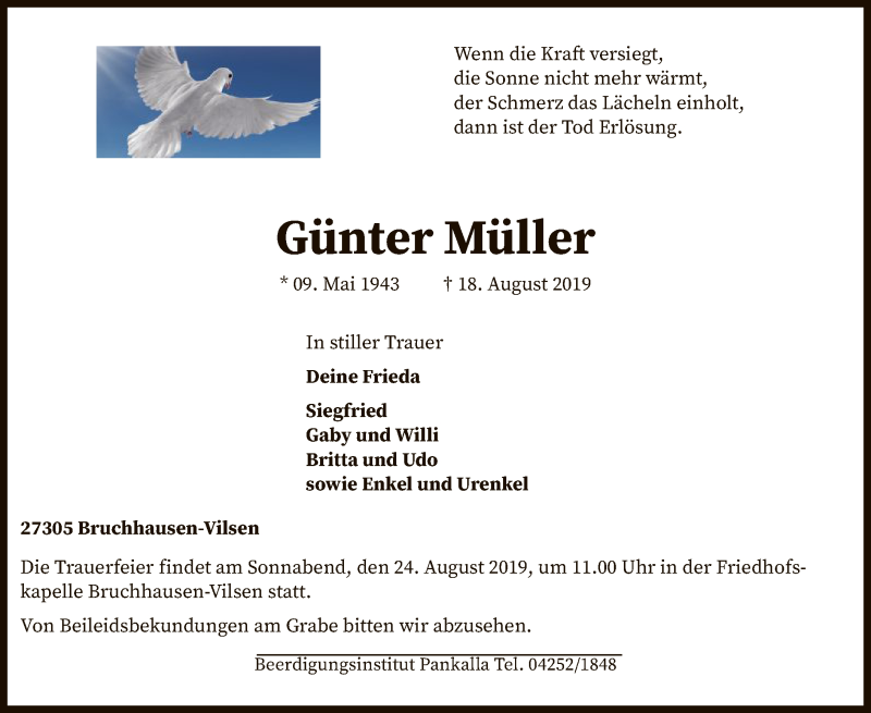  Traueranzeige für Günter Müller vom 21.08.2019 aus SYK