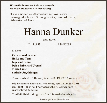 Traueranzeige von Hanna Dunker von SYK