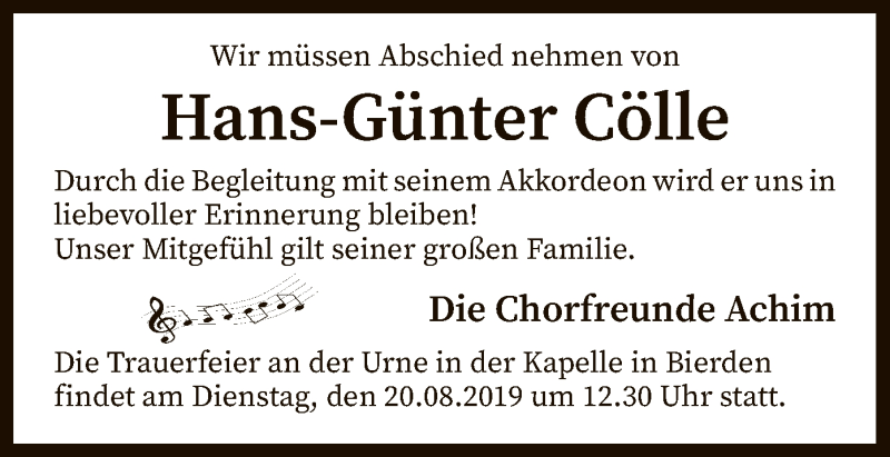  Traueranzeige für Hans-Günter Cölle vom 03.08.2019 aus SYK
