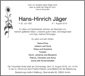 Traueranzeige von Hans-Hinrich Jäger von SYK