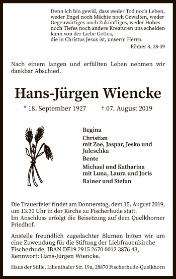 Traueranzeige von Hans Jürgen Wiencke von SYK