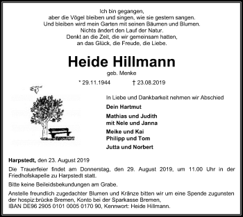 Traueranzeige von Heide Hillmann von SYK