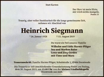 Traueranzeige von Heinrich Siegmann von SYK