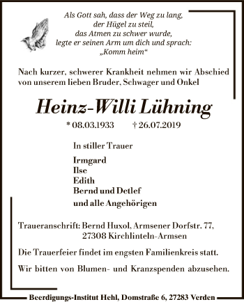 Traueranzeige von Heinz-Willi Lühning von SYK