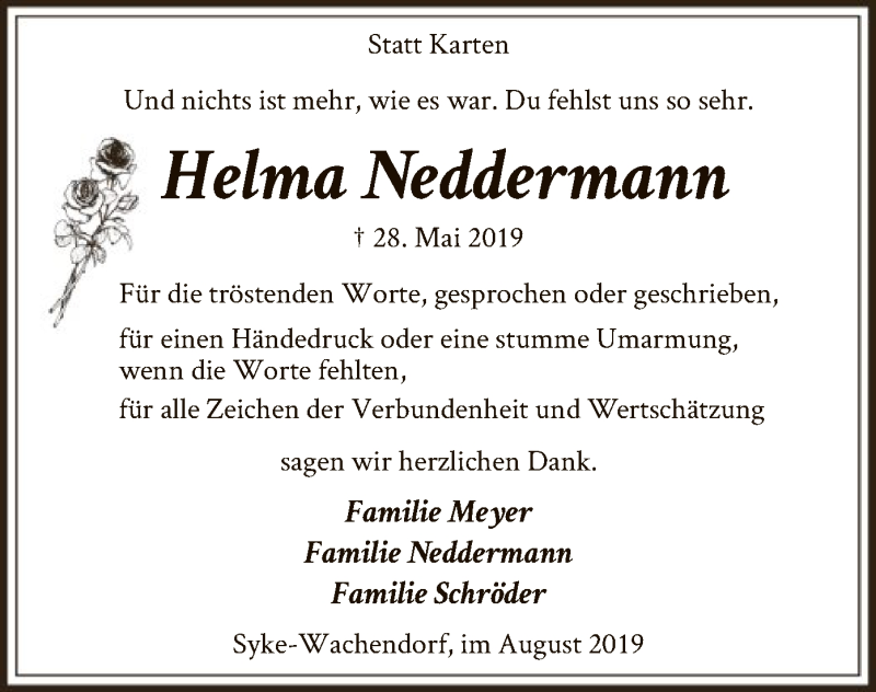  Traueranzeige für Helma Neddermann vom 03.08.2019 aus SYK