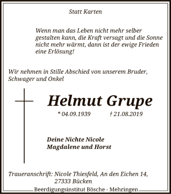 Traueranzeige von Helmut Grupe von SYK