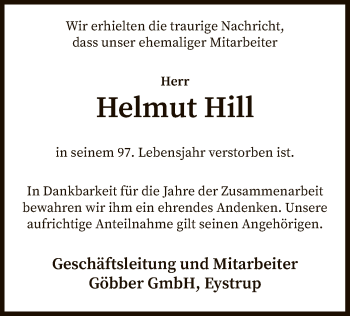 Traueranzeige von Helmut Hill von SYK