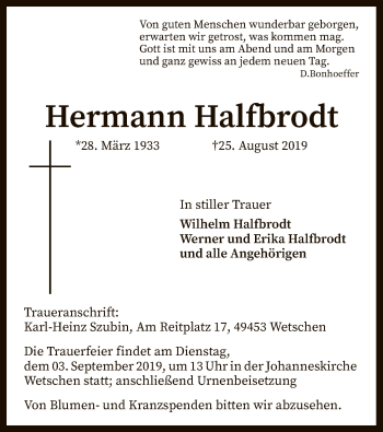 Traueranzeige von Hermann Halfbrodt von SYK