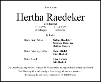 Traueranzeige von Hertha Raedeker von SYK