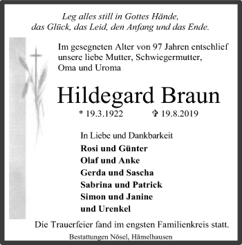 Traueranzeige von Hildegard Braun von SYK