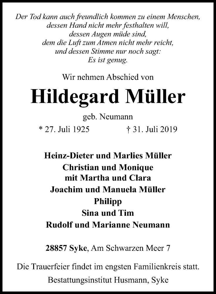  Traueranzeige für Hildegard Müller vom 03.08.2019 aus SYK