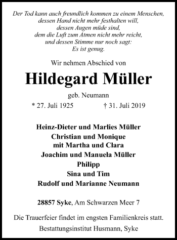 Traueranzeige von Hildegard Müller