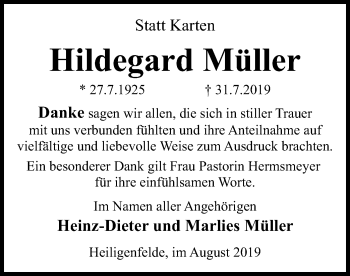 Traueranzeige von Hildegard Müller