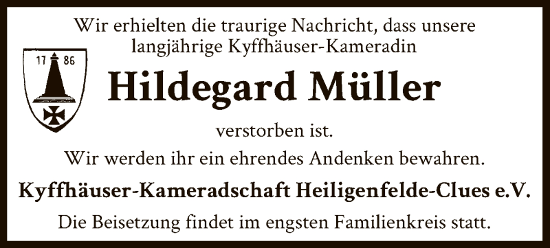  Traueranzeige für Hildegard Müller vom 06.08.2019 aus SYK